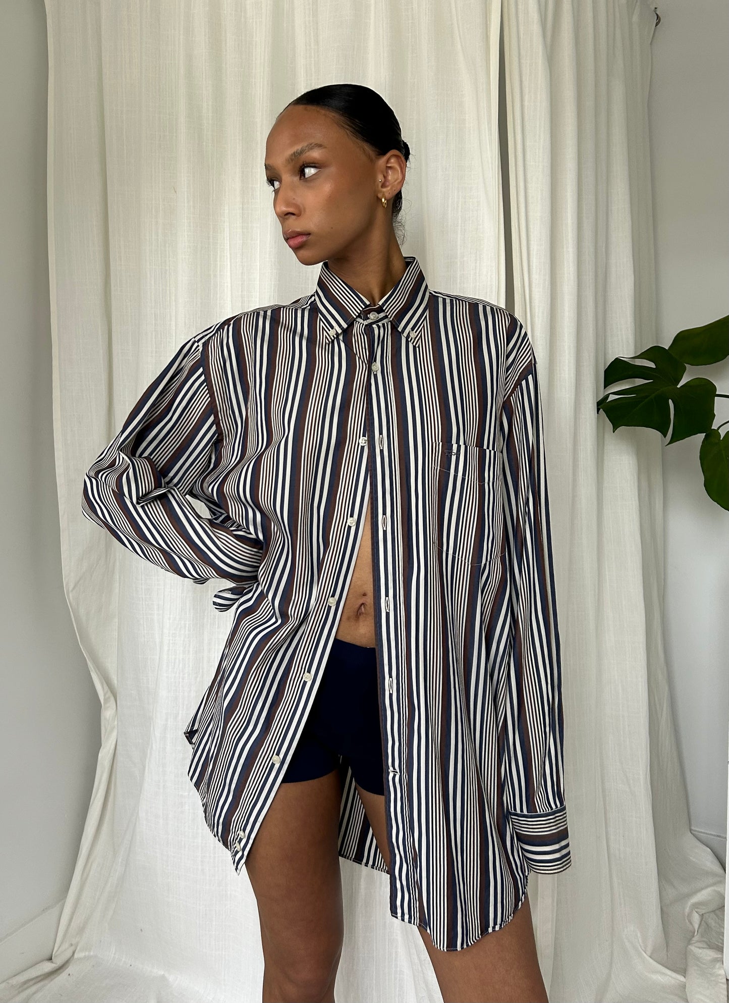 Brown & Blue Stripe Button Up